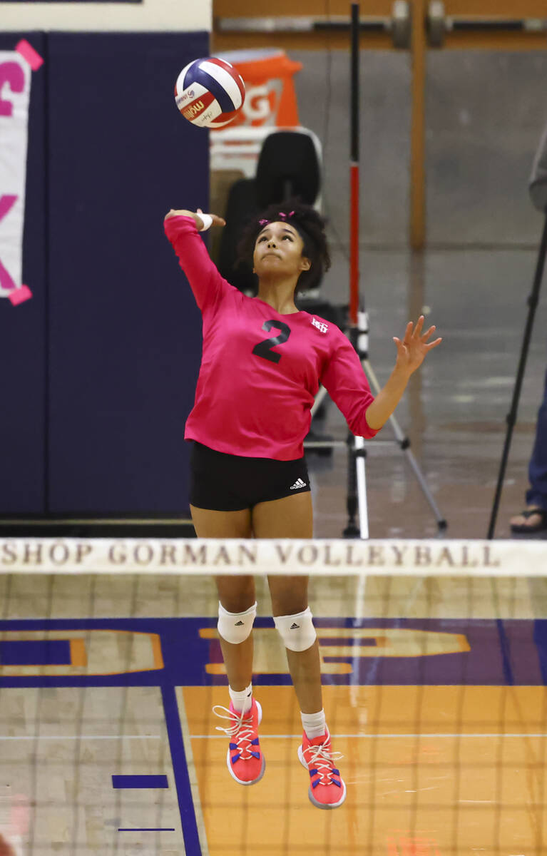 Bishop Gorman's Sophia Ewalefo (2) serves the ball against Silverado during a volleyball game a ...