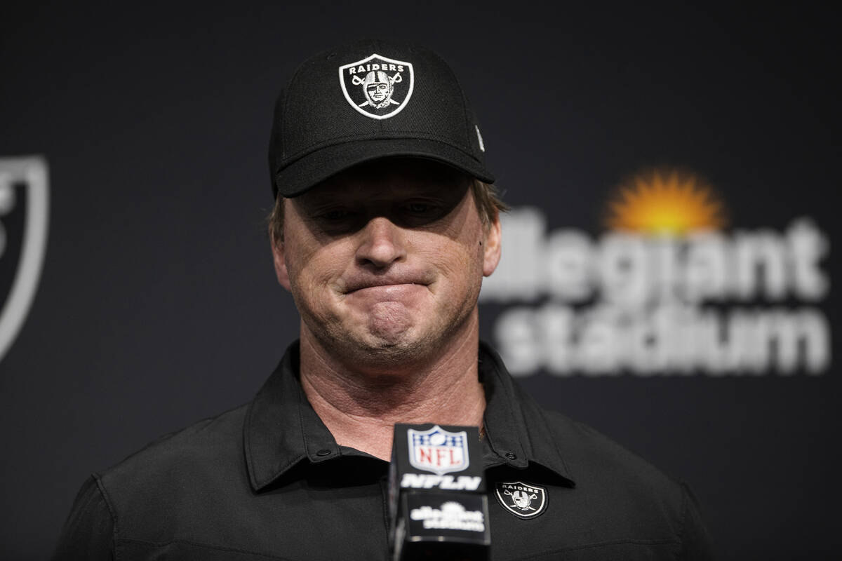 Raiders head coach Jon Gruden addresses the media after an NFL football game against the Chicag ...
