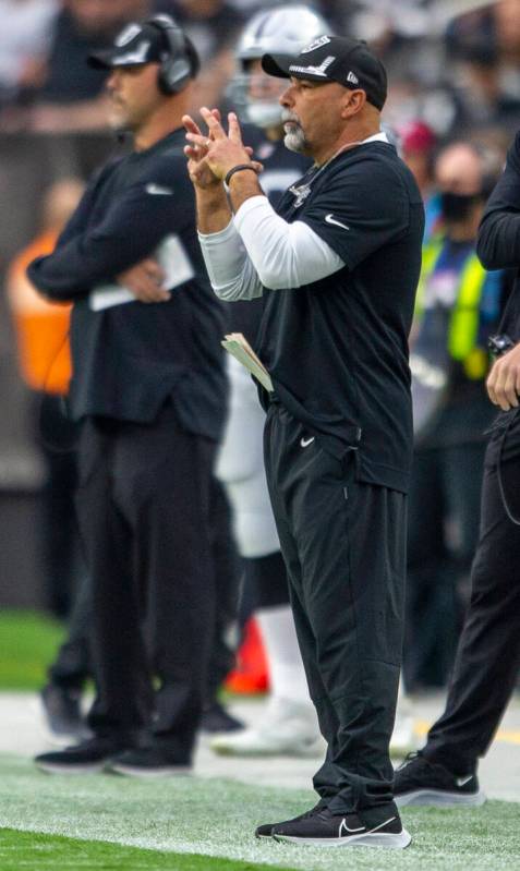 Raiders special teams and assistant coach Rich Bisaccia coaches from the sideline during the fi ...