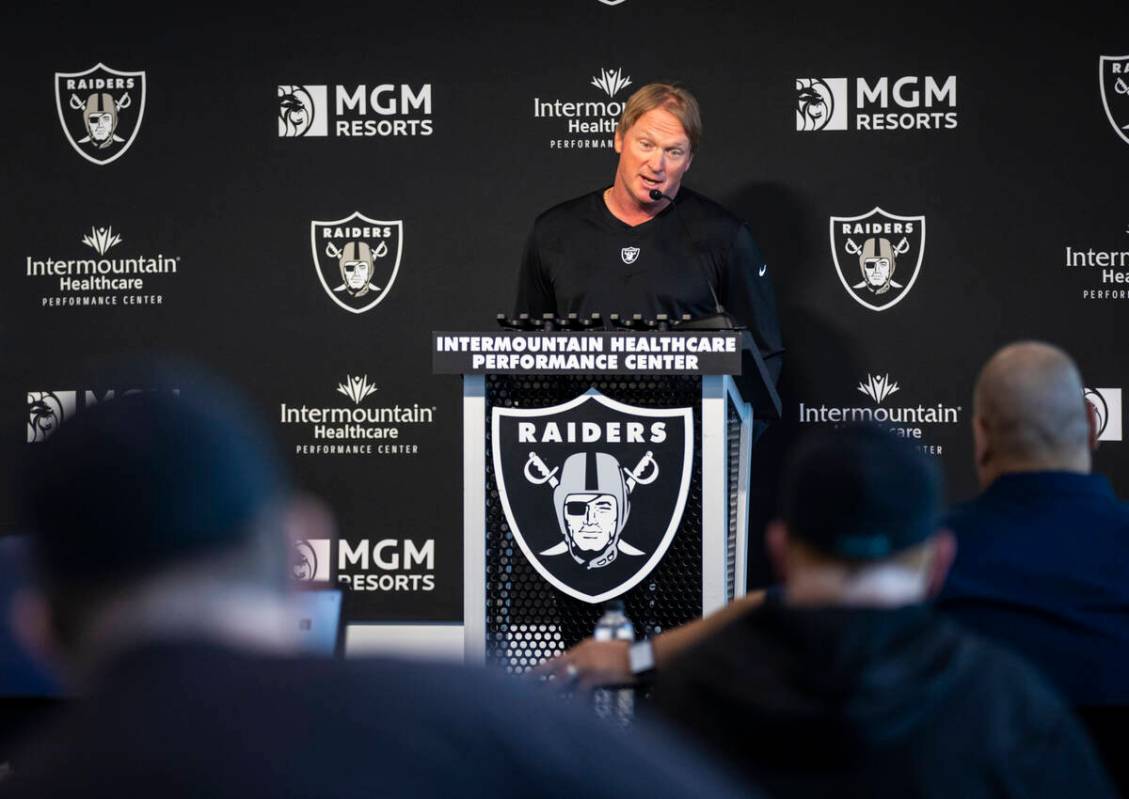 Raiders head coach Jon Gruden responds to questions from the media at Raiders Headquarters/Inte ...