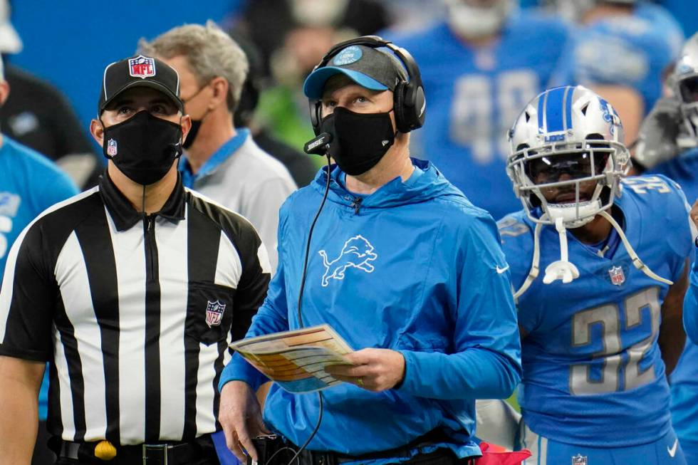 Detroit Lions interim head coach Darrell Bevell watches during the second half of an NFL footba ...