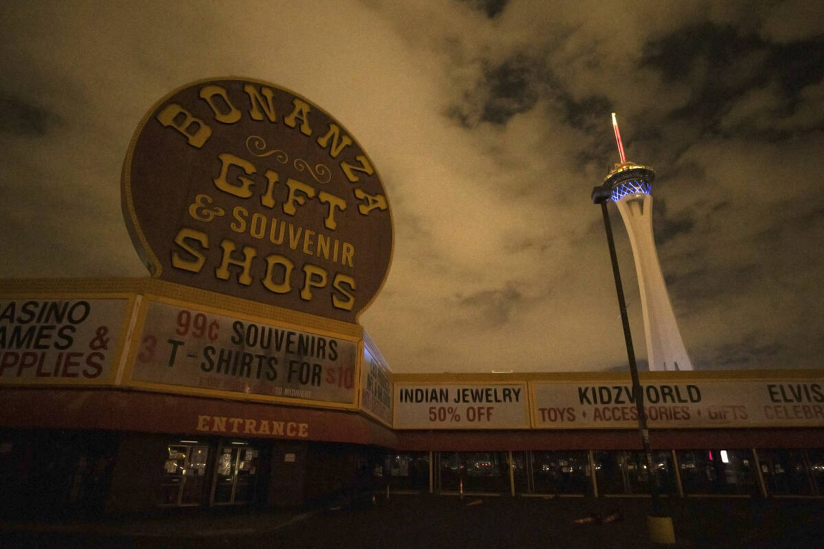 Bonanza Gift Shop is largely dark during a partial power outage on Monday, Oct. 11, 2021, in La ...