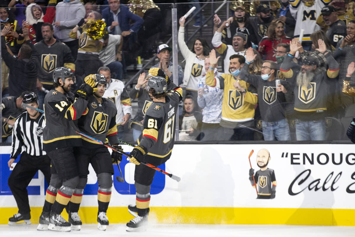 Golden Knights defenseman Nicolas Hague (14), left wing Max Pacioretty (67) and right wing Mark ...