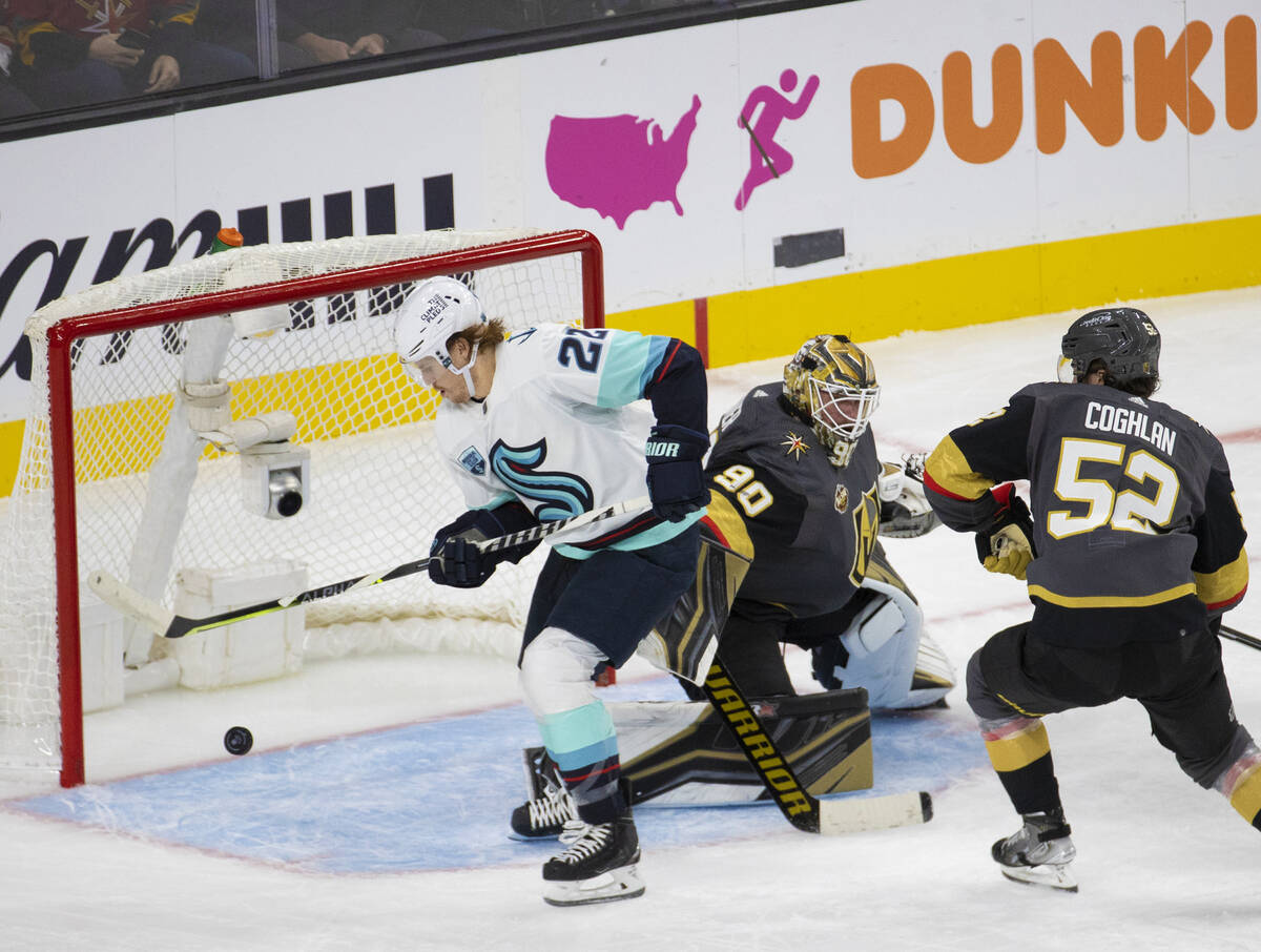 Vegas Golden Knights goaltender Robin Lehner (90) makes a save against Seattle Kraken center Ma ...