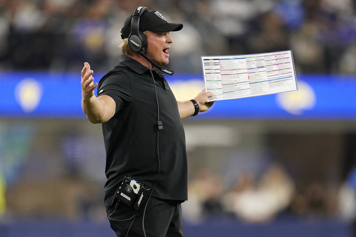 Las Vegas Raiders coach Jon Gruden argues a call during the second half of the teams' preseason ...