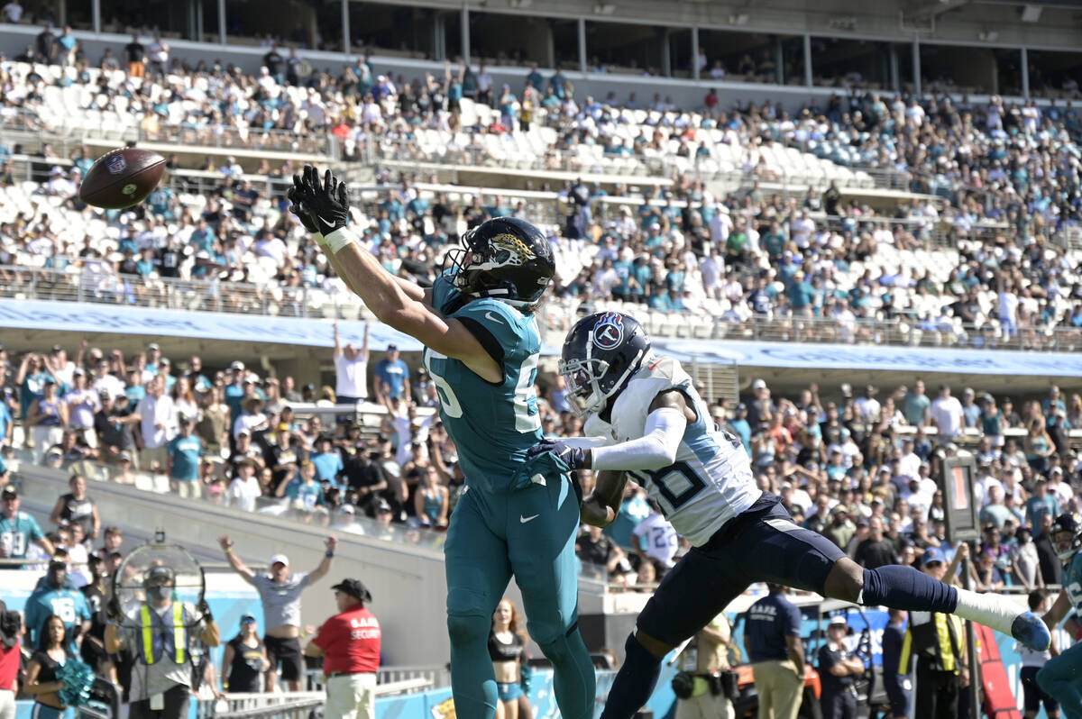 Jacksonville Jaguars tight end Dan Arnold (85) misses a pass in the end zone in front of Tennes ...