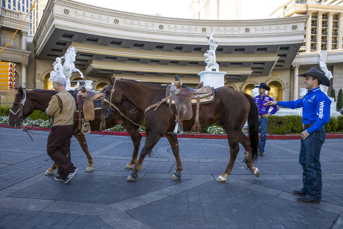 (From left) Horse valet Eric Berner leads the mounts from cowboys Shane Hanchey and Sage Kimzey ...