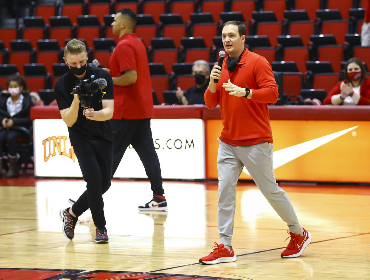 UNLV head coach Kevin Kruger speaks during an open basketball practice and fundraiser for forme ...