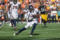 Denver Broncos quarterback Teddy Bridgewater (5) rushes against the Pittsburgh Steelers during ...