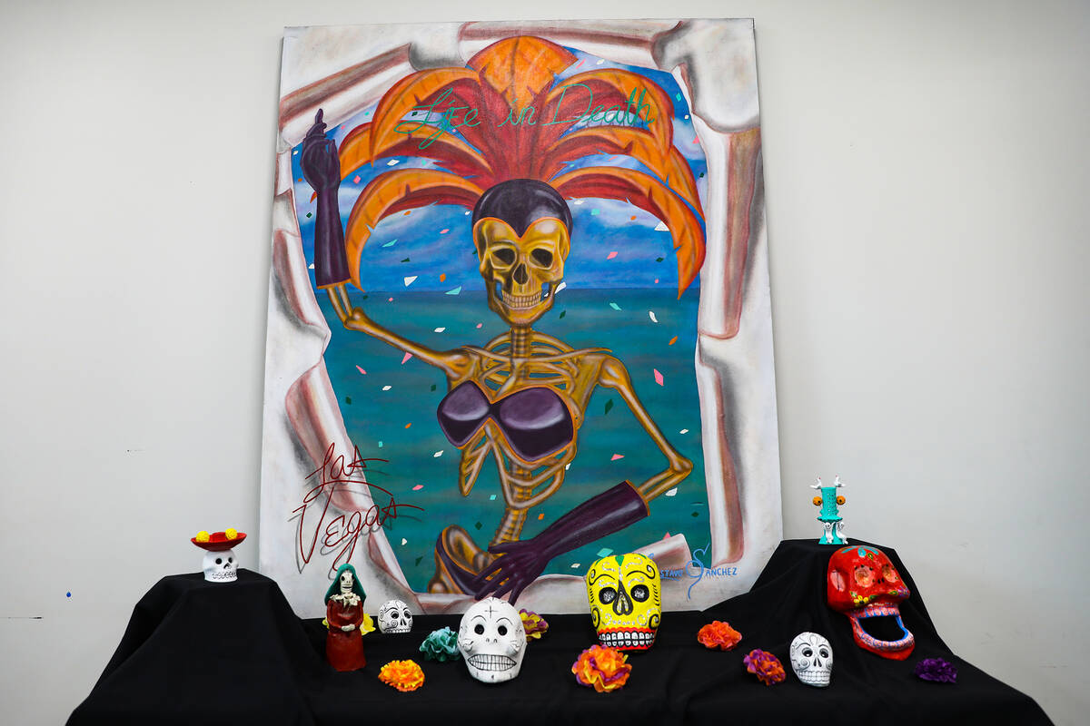 Elisa Death, the skeleton showgirl mascot for the Life in Death Festival, on display at the Win ...