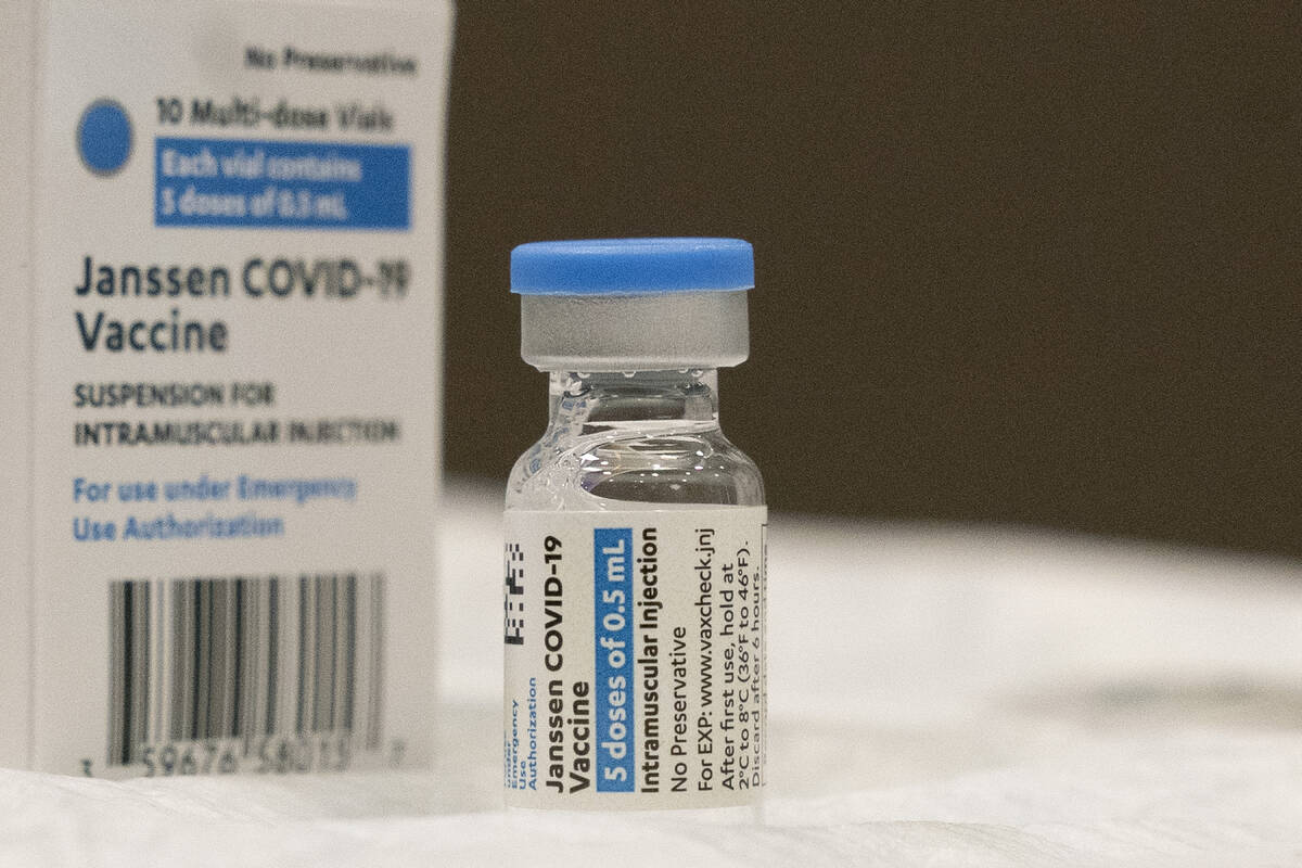 In this March 3, 2021 file photo, a vial of the Johnson & Johnson COVID-19 vaccine is displayed ...