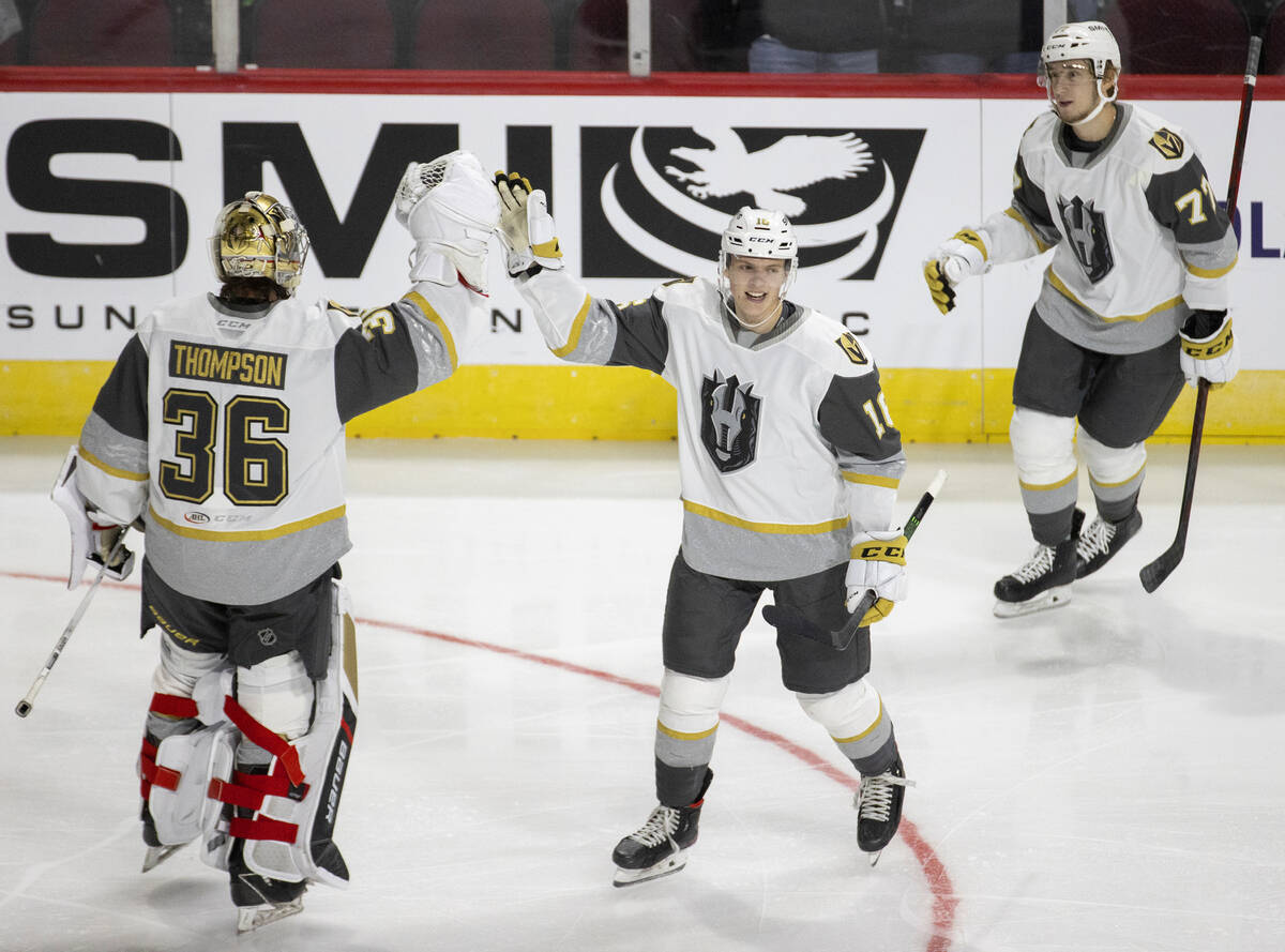 Silver Knights center Pavel Dorofeyev (16) celebrates a first period goal with Silver Knights g ...