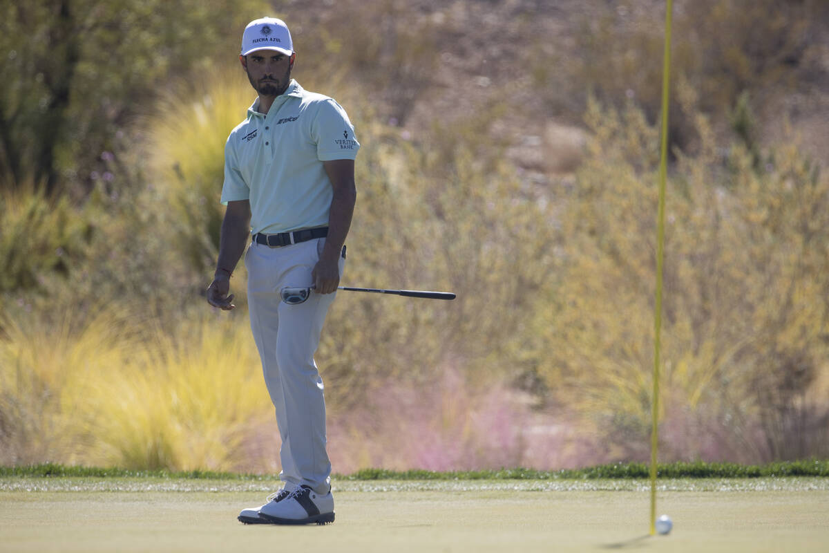 Abraham Ancer watches his ball sink for a birdie after a putt on the 12th hole during the third ...