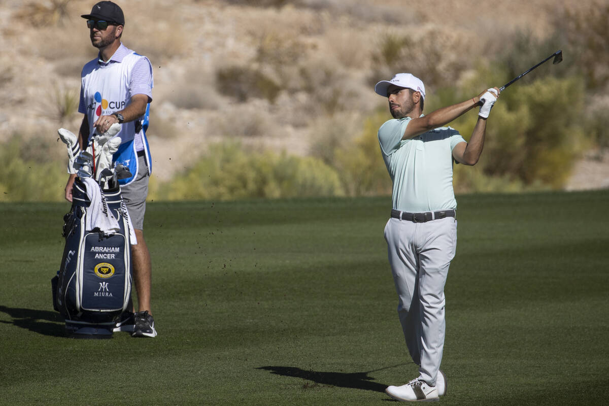Abraham Ancer hits the ball on the 13th fairway during the third round of the CJ Cup golf tourn ...