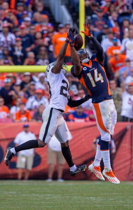 Raiders cornerback Casey Hayward (29) bats down a pass intended for Denver Broncos wide receive ...