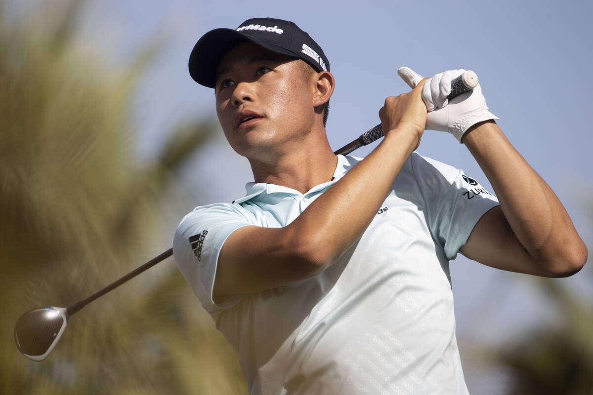 Collin Morikawa hits the ball from the 12th tee box during the final round of the CJ Cup golf t ...