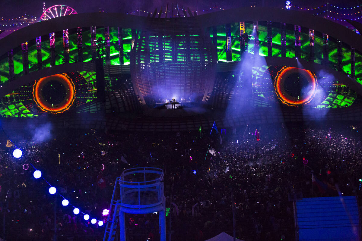 Deadmau5 performs at the Cosmic Meadow stage during the first day of the Electric Daisy Carniva ...
