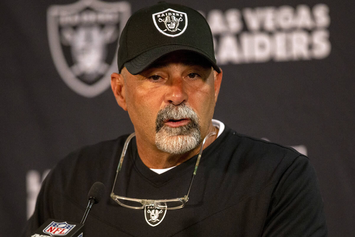Raiders interim head coach Rich Bisaccia answers questions after an NFL football game against t ...