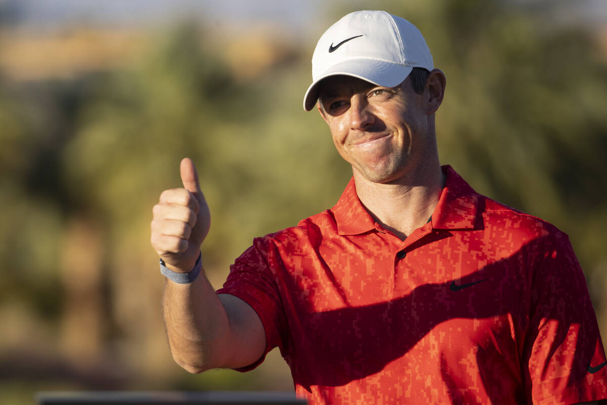 Rory McIlroy gestures after winning the CJ Cup golf tournament at the Summit Club in Las Vegas, ...