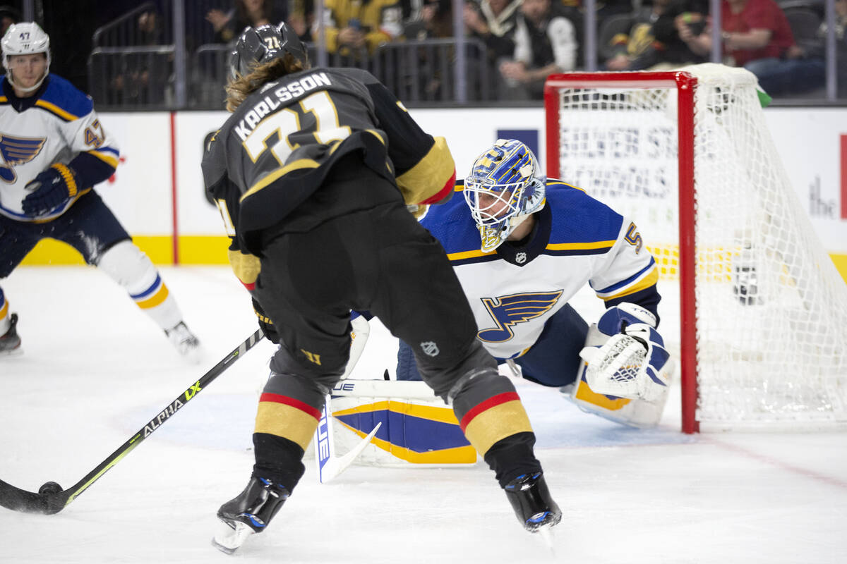Golden Knights center William Karlsson (71) scores the first goal of the game on Blues goaltend ...