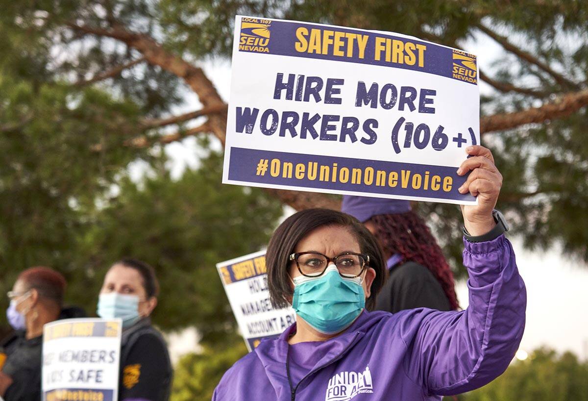 Maria Jacobi, an employee with SEIU, Local 1107, protests unsafe working conditions in the Clar ...