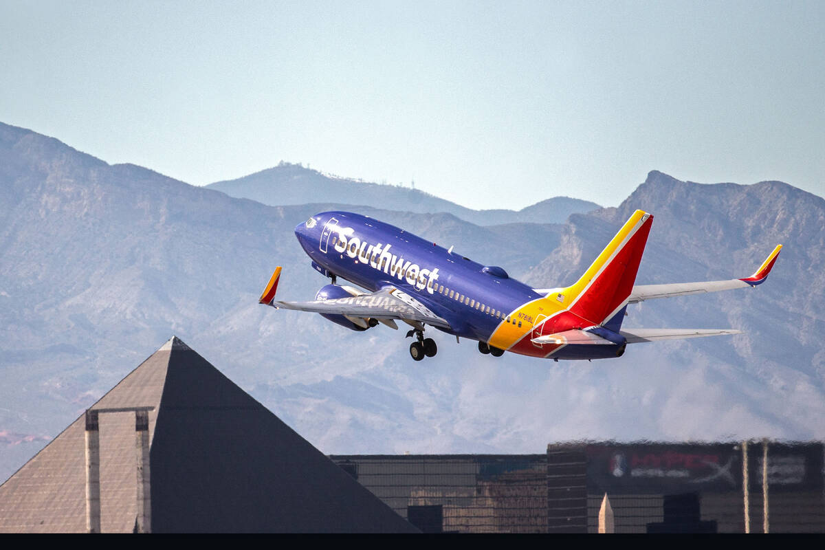 In this March 31, 2020, file photo, a Southwest plane takes off from McCarran International Air ...