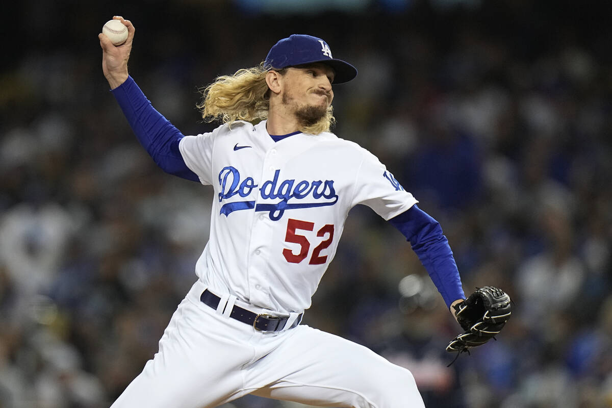 Los Angeles Dodgers pitcher Phil Bickford throws during the sixth inning against the Atlanta Br ...