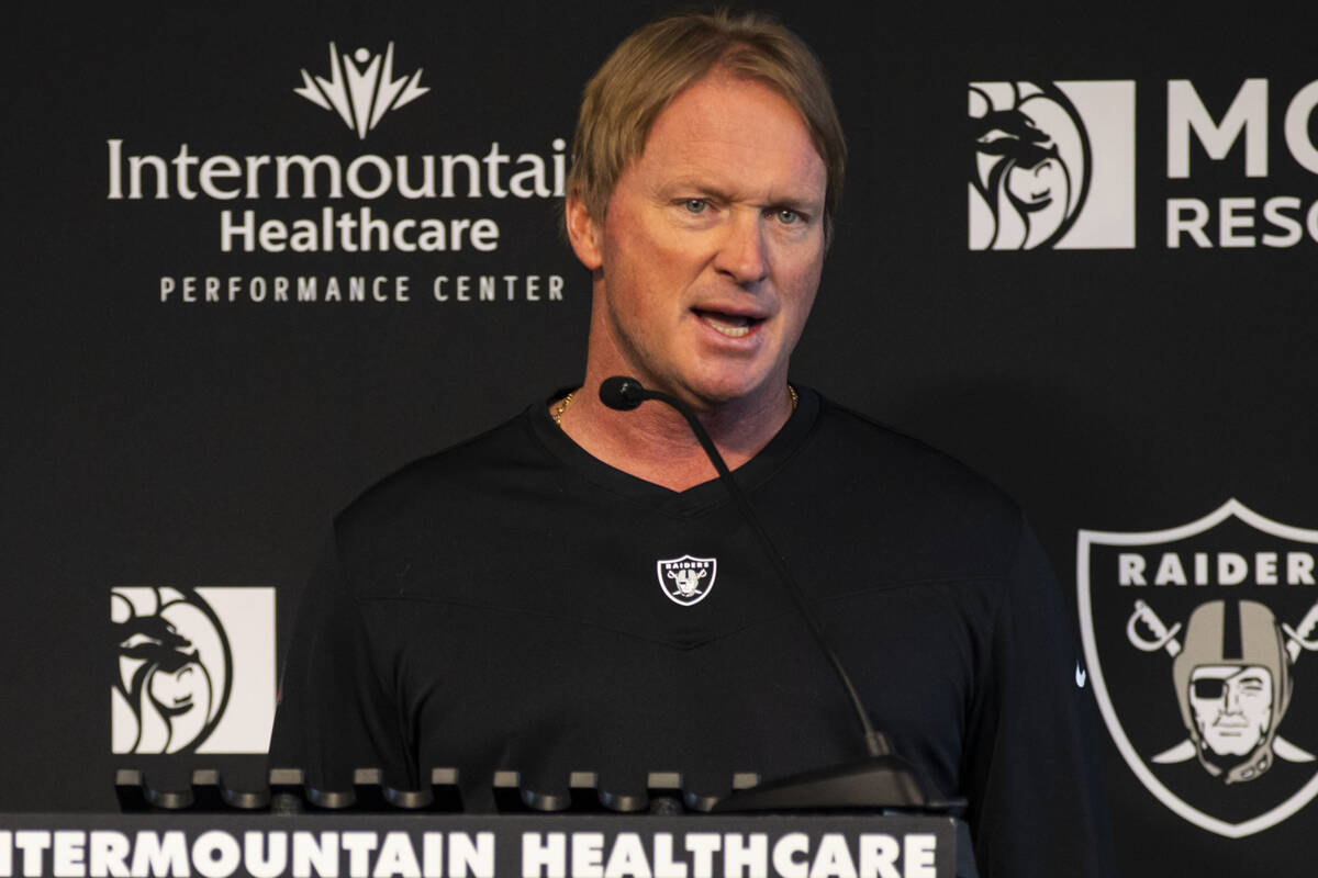 Raiders head coach Jon Gruden responds to questions from the media at Raiders Headquarters/Inte ...