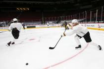 Golden Knights' William Karlsson passes the puck during an optional morning skate at Gila River ...