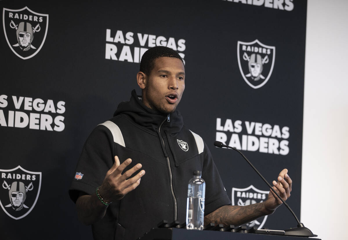 Raiders tight end Darren Waller addresses the media after practice on Wednesday, Oct. 13, 2021, ...