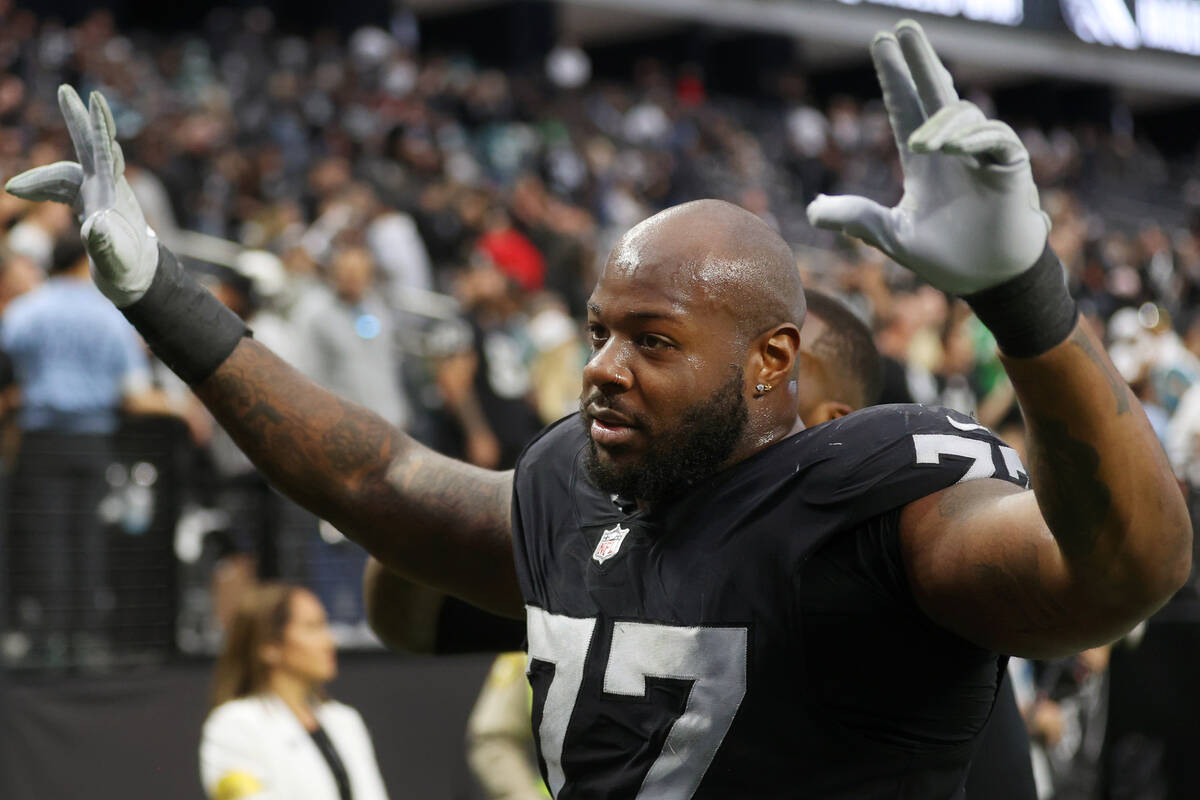 Raiders defensive tackle Quinton Jefferson (77) leaves the field after defeating the Philadelph ...