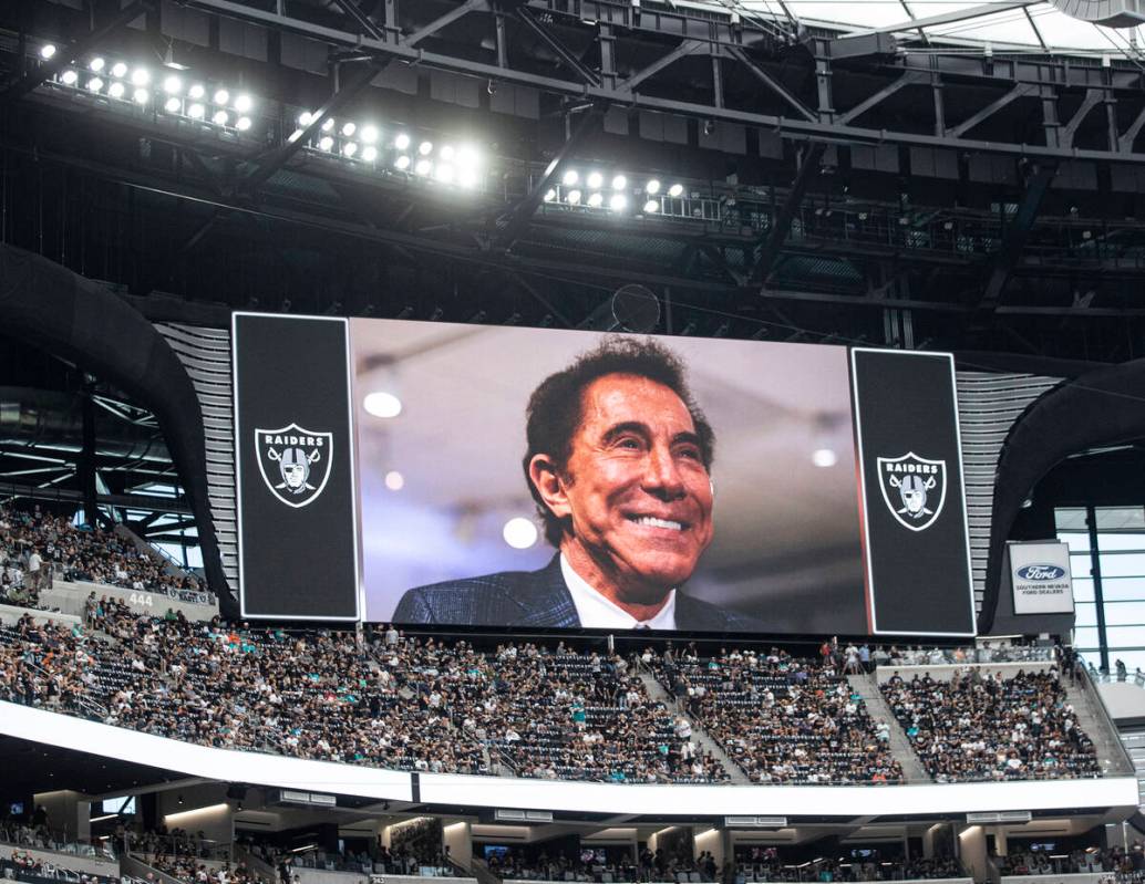 Steve Wynn is honored before the start of an NFL football game between the Raiders and the Miam ...