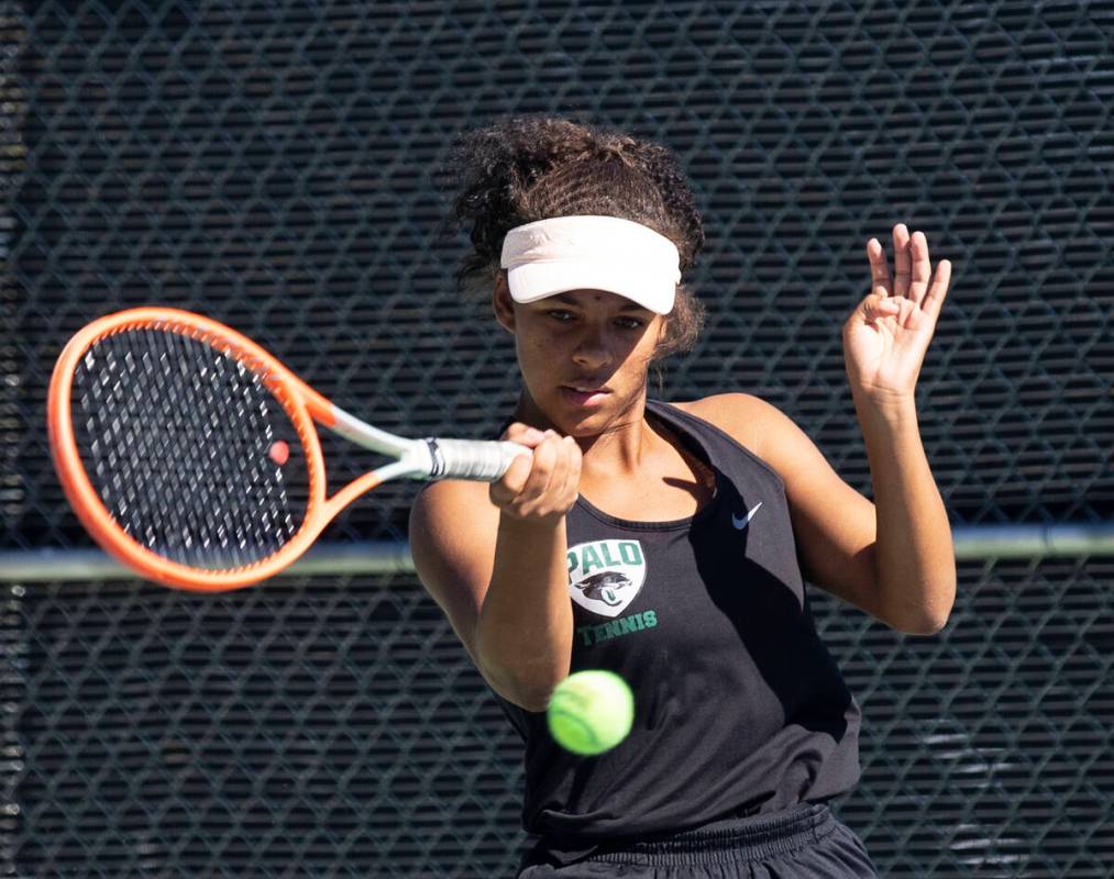 Palo HighÕs Paisha Douglas returns the ball during Class 5A team championship tennis match ...