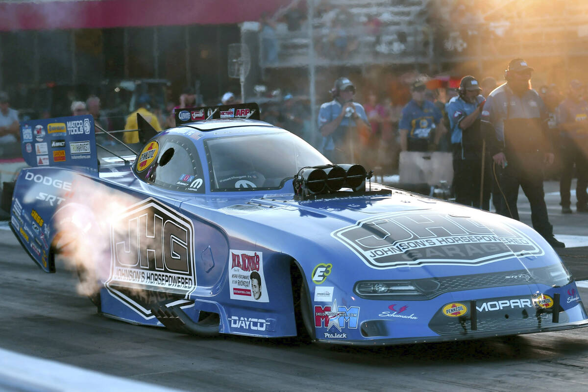 NHRA driver Matt Hagan takes off from the line in his funny car during the Thunder Valley Natio ...
