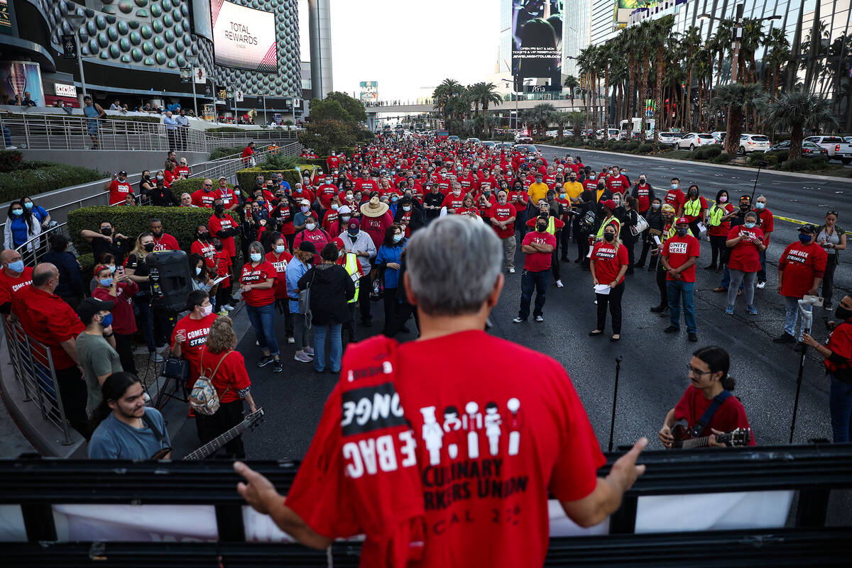 Ted Pappageorge, president of the Culinary Workers Union, address the crowd at a rally of the C ...