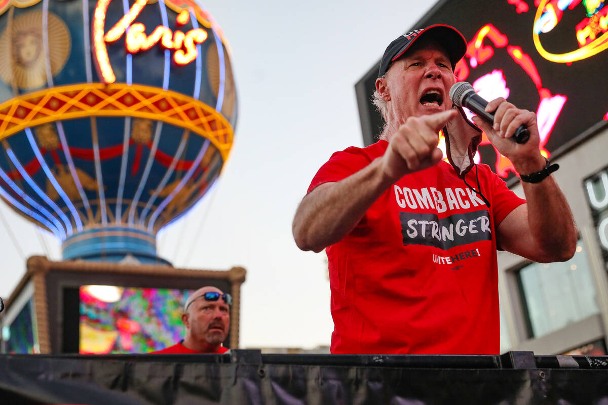 D. Taylor, of Unite Here, addresses the crowd at a rally of the Culinary Workers Union to bring ...