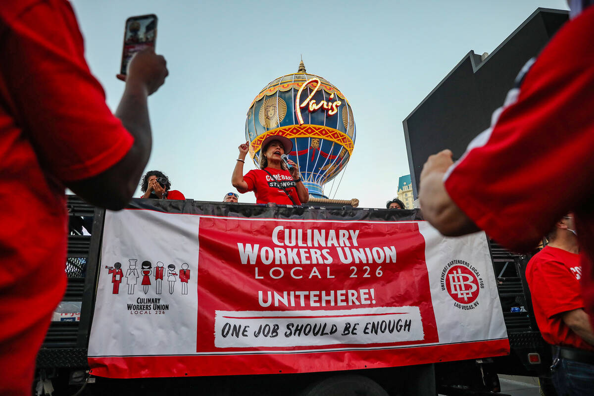 Geoconda Argello-Kline, secretary-treasurer of the Culinary Union, addresses the crowd at a ral ...