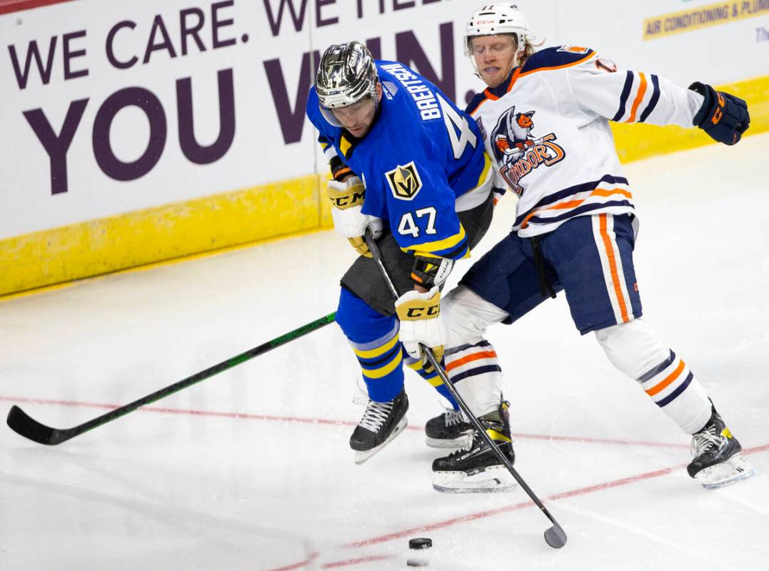 Henderson Silver Knights left wing Sven Baertschi and Bakersfield Condors left wing James Hambl ...