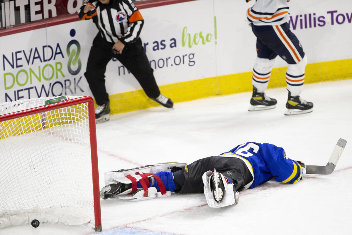 Henderson Silver Knights Logan Thompson (36) lays on the ground in defeat after the Bakersfield ...