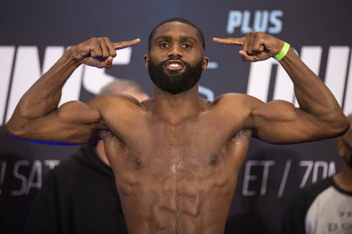 Jaron Ennis poses during his weigh in at the Michelob Ultra Arena in Las Vegas, Friday, Oct. 29 ...