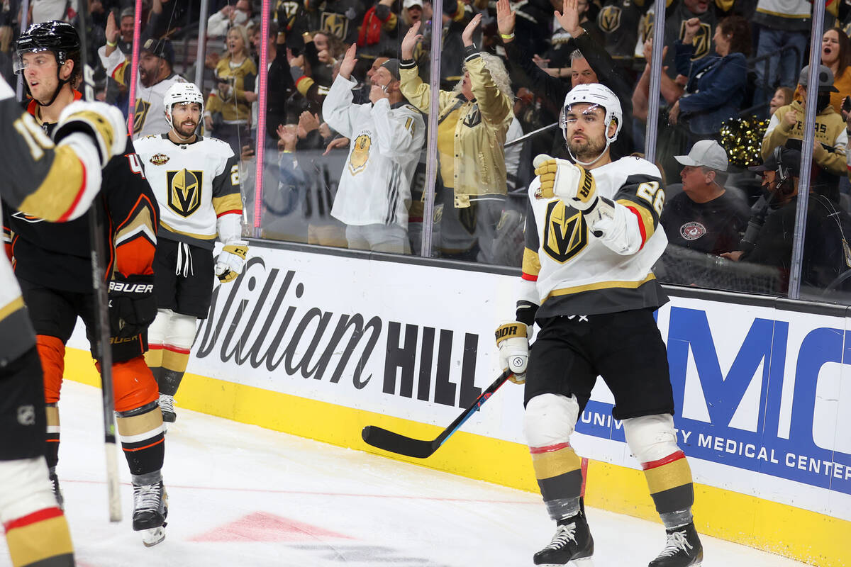 Vegas Golden Knights left wing William Carrier (28) celebrates his score against the Anaheim Du ...