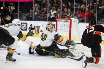 Vegas Golden Knights goaltender Robin Lehner (90) defends a shot from Anaheim Ducks left wing S ...