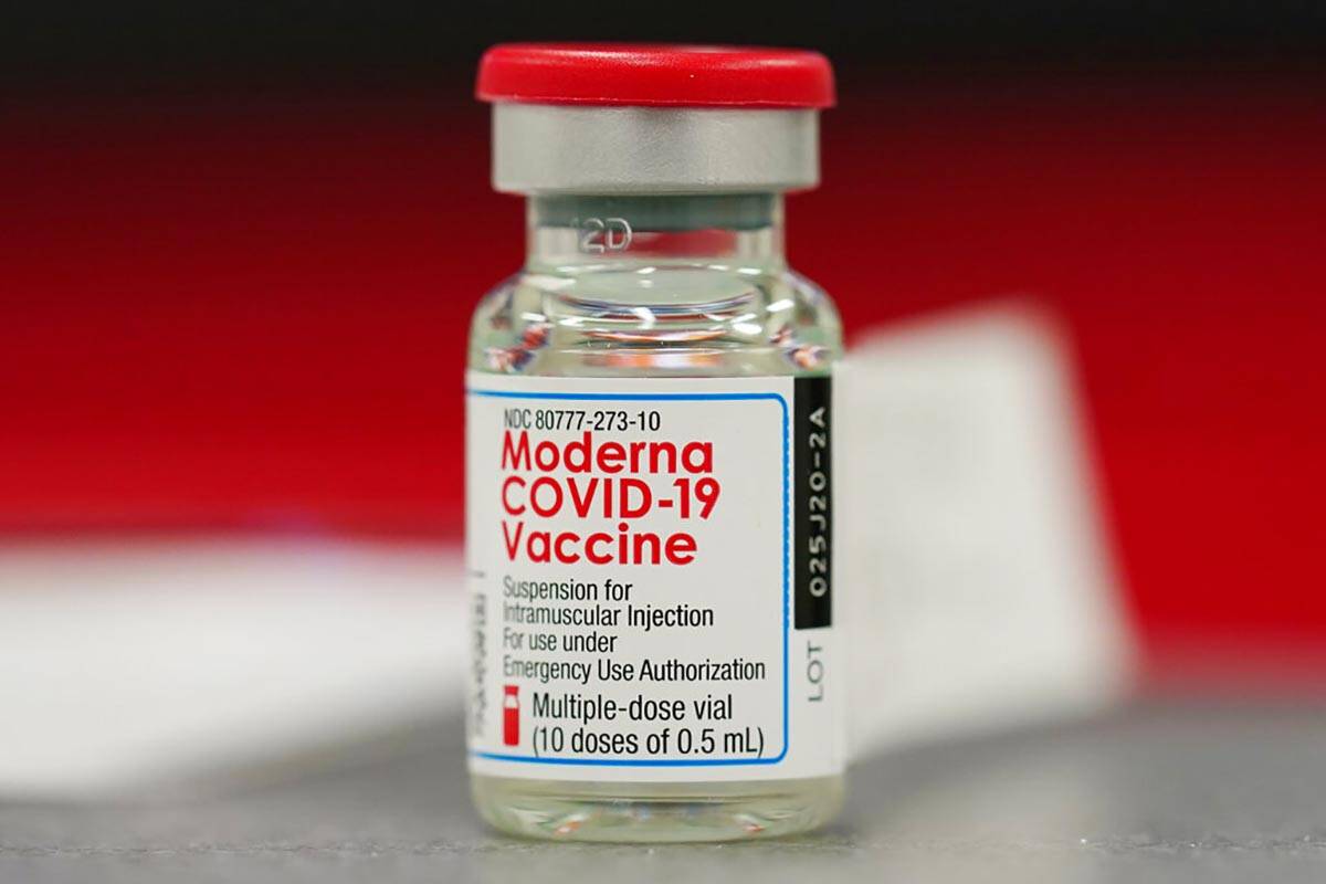 A Wednesday, Dec. 23, 2020, file photo shows a vial of the Moderna COVID-19 vaccine. (AP Photo/ ...