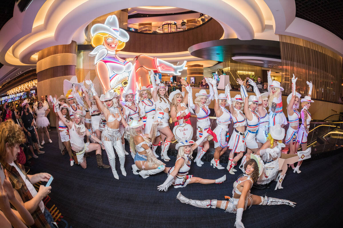 More than 30 Vegas Vickie costume contestants are shown at Circa on Halloween 2021. (Fred Morledge)