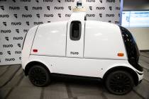 The autonomous vehicle Nuro R2 is showcased during a press conference by Nuro at the Las Vegas ...