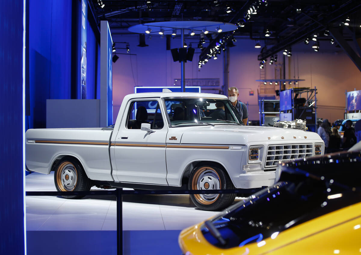 The all-electric F-100 Eluminator concept, based on a heritage 1978 F-100 pickip, is seen after ...