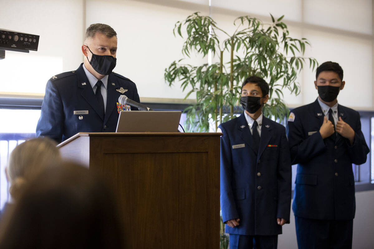 Col. Johnny McGonigal, director of the HQ Air Force Junior ROTC, from left, speaks during the N ...