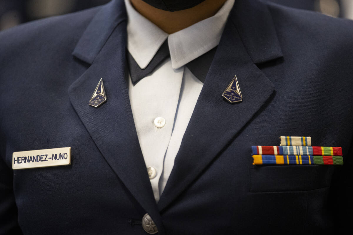 Spc. Jenny Hernandez-Nuño displays newly pinned U.S. Space Force pins during the NV-941 Sp ...