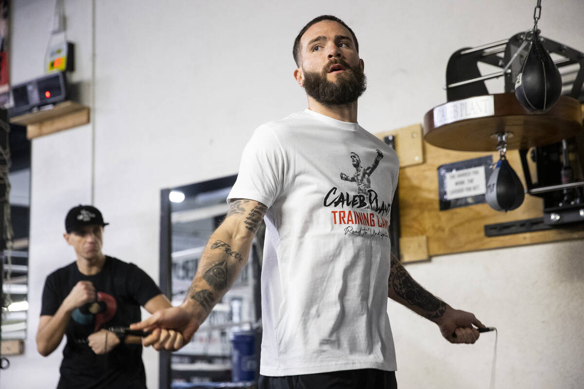 Caleb Plant jumps rope during a workout at the City Boxing Club in Las Vegas in preparation for ...