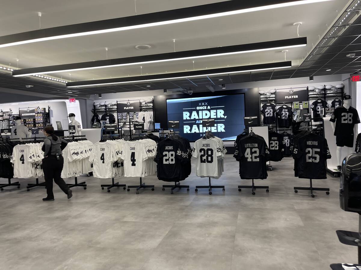 A row of Raiders jersey on display at the Raider Image retail store inside Allegiant Stadium. ( ...